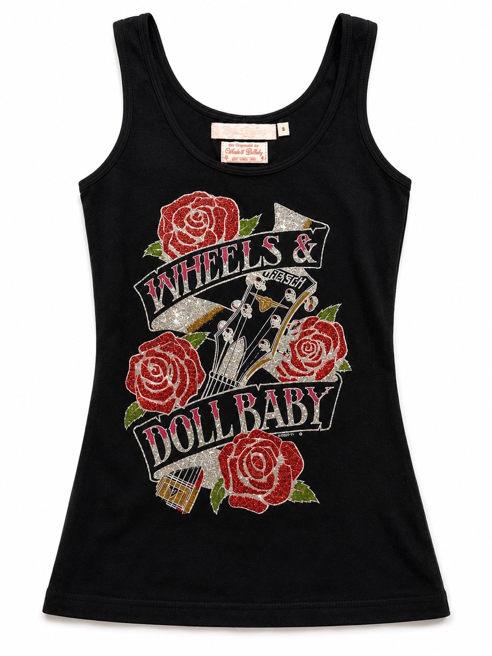 Wheels & Dollbaby Y2K Rose & Guitar Graphic Tank Top NWOT Size 2